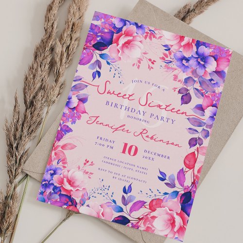 Romantic Vivid Purple Garden Floral Sweet 16 Blush Invitation