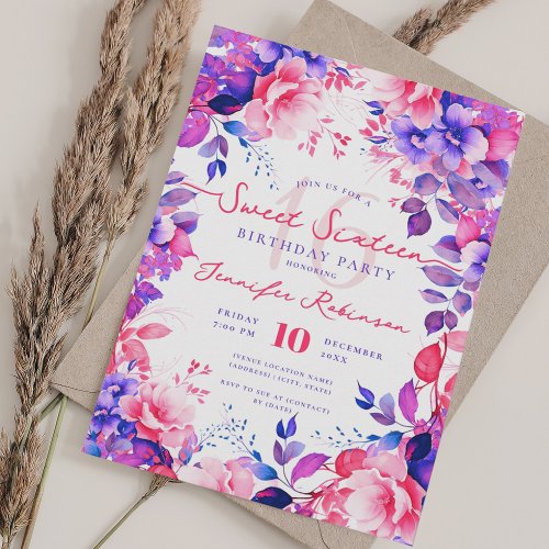 Romantic Vivid Purple Garden Floral Sweet 16  Invitation