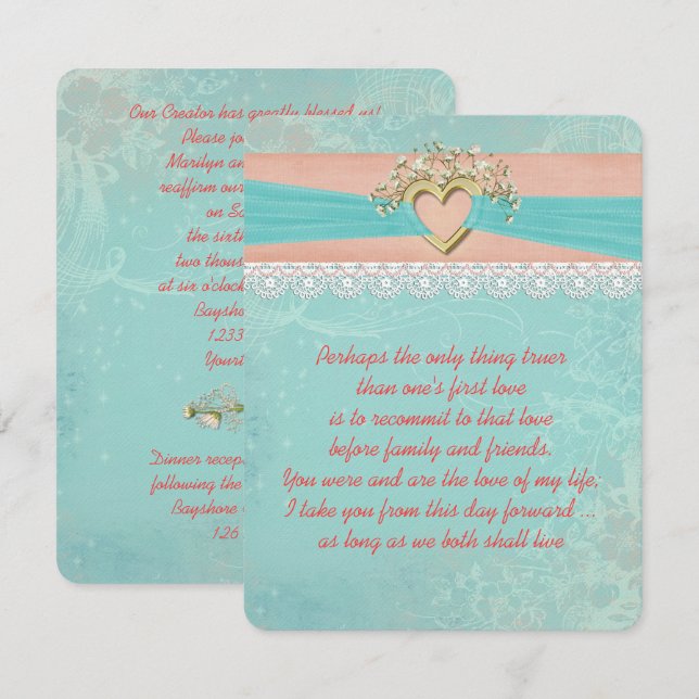 Romantic Vow Renewal Ribbon and Heart Invitation (Front/Back)