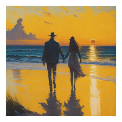 Romantic walk couple on the beach landscape paint faux canvas print