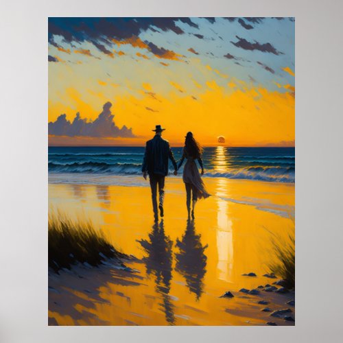 Romantic walk couple on the beach landscape paint poster
