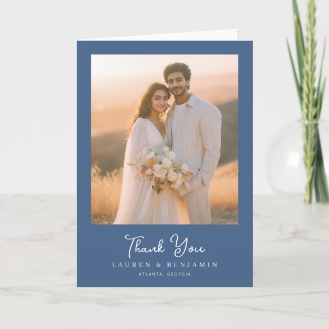 Romantic Warm Blue Photo Thank You Card (Front)