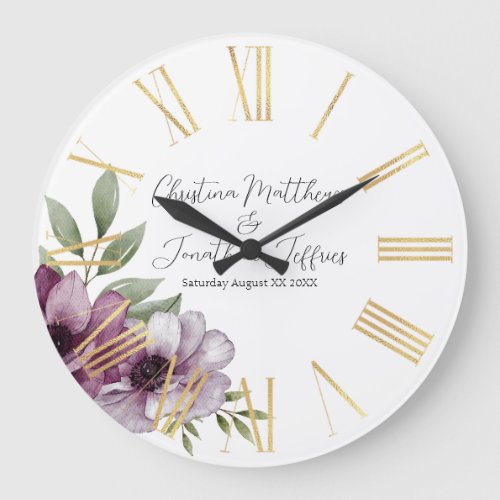 Romantic Watercolor Anemones Large Clock