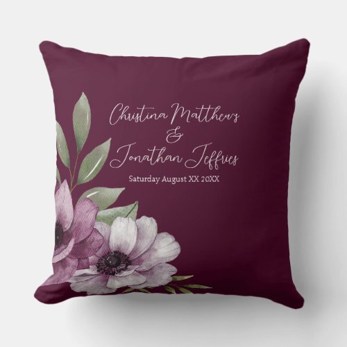Romantic Watercolor Anemones on Merlot Throw Pillow