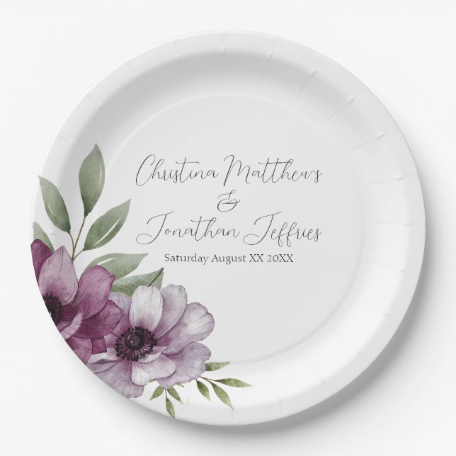 Romantic Watercolor Anemones Paper Plates (Front)