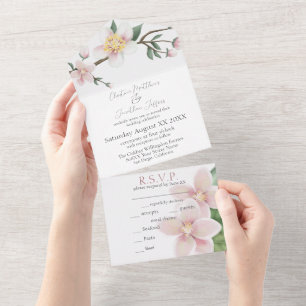 Romantic Watercolor Apple Blossoms All In One Invitation