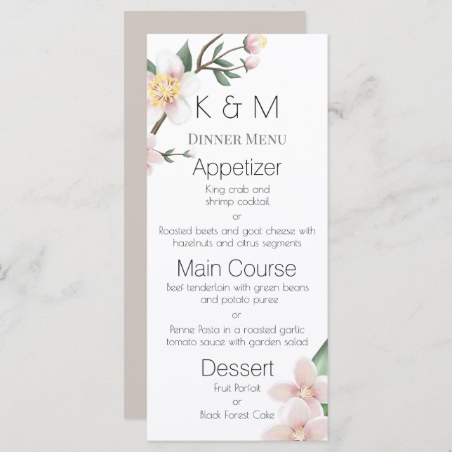 Romantic Watercolor Apple Blossoms Wedding Menu (Front/Back)