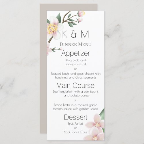 Romantic Watercolor Apple Blossoms Wedding Menu