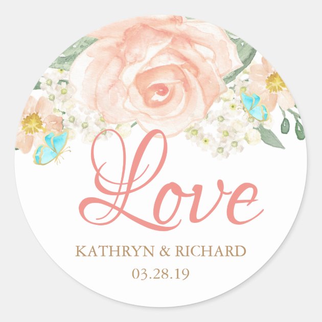 Romantic Watercolor Blush Peach Floral Love Script Classic Round Sticker