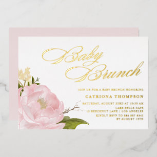 Romantic Watercolor Blush Pink Peony Baby Brunch Foil Invitation