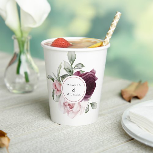 Romantic Watercolor Botanical Bride and Groom Paper Cups