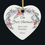 Romantic watercolor botanical first Christmas   Ceramic Ornament<br><div class="desc">An elegant and vintage design featuring roses,  eucalyptus and lavender painted in romantic watercolor.</div>