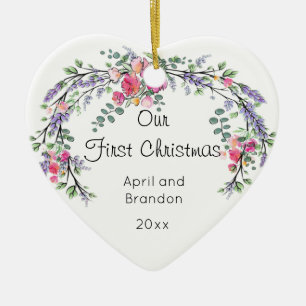 Romantic watercolor botanical first Christmas Ceramic Ornament