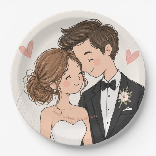 Romantic Watercolor Bride and Groom Wedding Shower Paper Plates