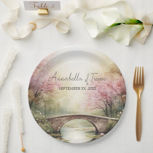 Romantic Watercolor Bridge & Blossoms Custom Name Paper Plates