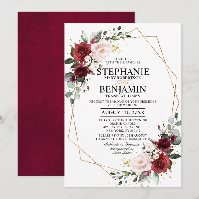 Romantic Watercolor Burgundy Floral Geometric Invitation (Front/Back)