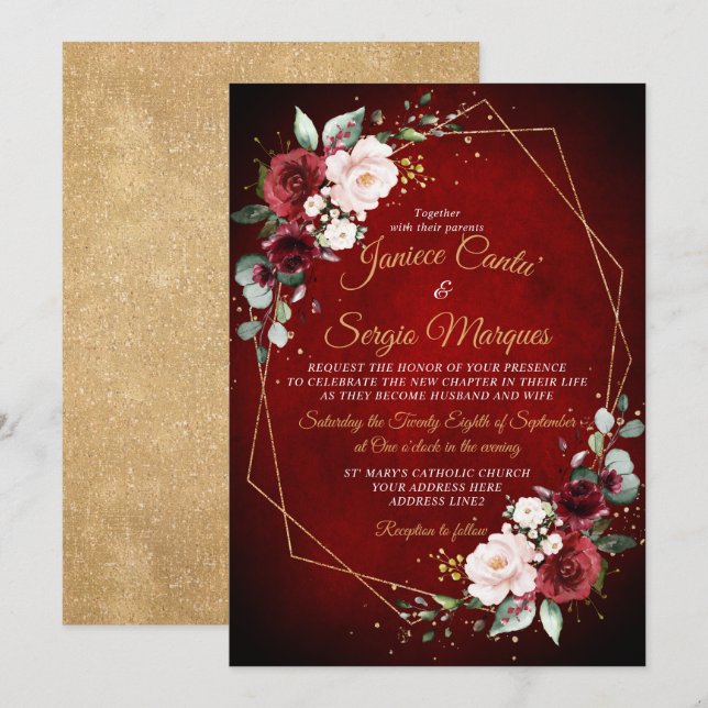 Romantic Watercolor Burgundy Floral Geometric Invitation (Front/Back)