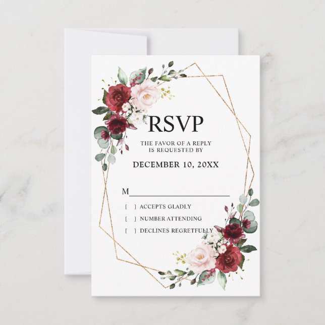 Romantic Watercolor Burgundy Floral Geometric RSVP Card (Front)