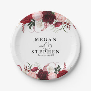 Romantic Watercolor Burgundy Floral Wedding Paper Paper Plates