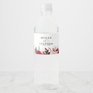 Romantic Watercolor Burgundy Floral Wedding Water Bottle Label