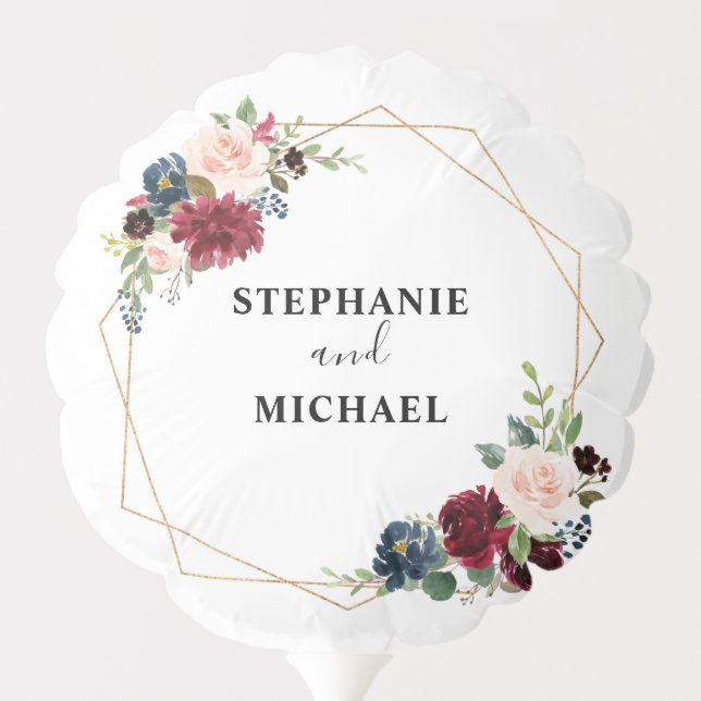Romantic Watercolor Burgundy Navy Geometric Floral Balloon (Back)