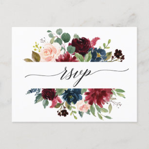 Romantic Watercolor Burgundy Red Blush Floral RSVP Postcard