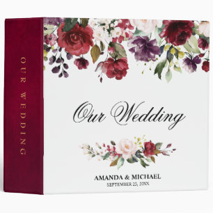 Romantic Watercolor Burgundy Red Blush Rose Floral 3 Ring Binder