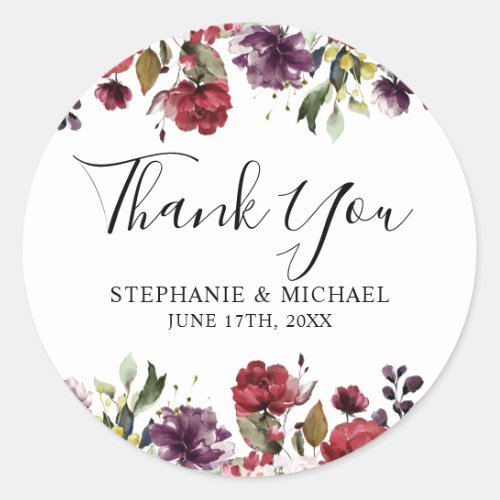 Romantic Watercolor Burgundy Red Blush Rose Floral Classic Round Sticker