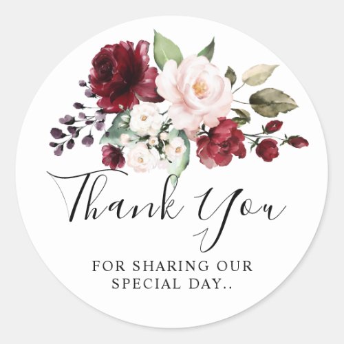 Romantic Watercolor Burgundy Red Blush Rose Floral Classic Round Sticker