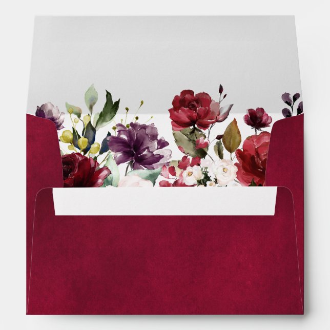 Romantic Watercolor Burgundy Red Blush Rose Floral Envelope (Back (Bottom))