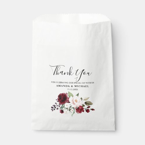 Romantic Watercolor Burgundy Red Blush Rose Floral Favor Bag