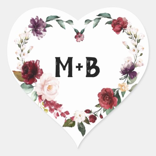 Romantic Watercolor Burgundy Red Blush Rose Floral Heart Sticker