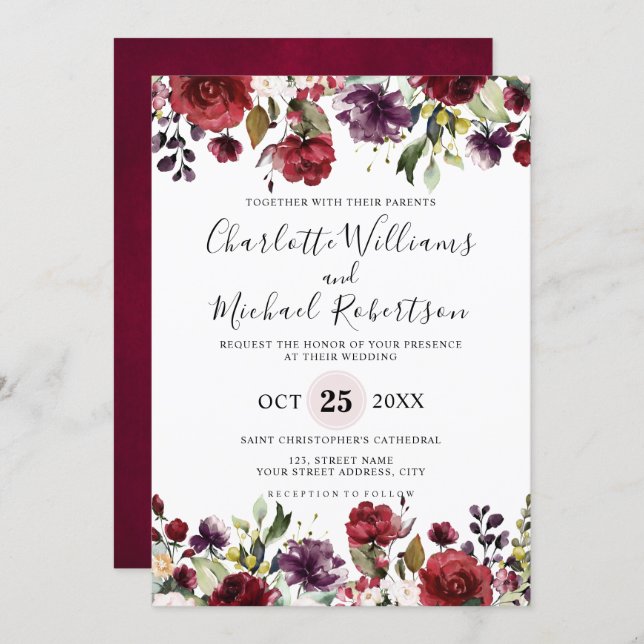 Romantic Watercolor Burgundy Red Blush Rose Floral Invitation (Front/Back)