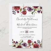 Romantic Watercolor Burgundy Red Blush Rose Floral Invitation (Front)
