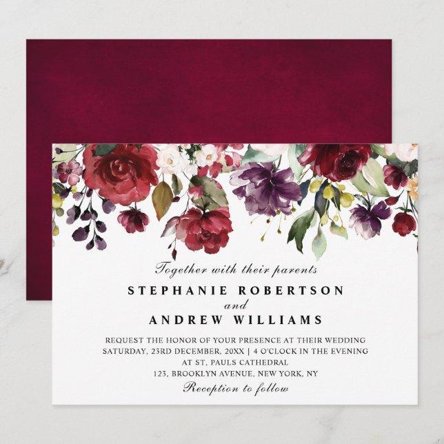 Romantic Watercolor Burgundy Red Blush Rose Floral Invitation (Front/Back)