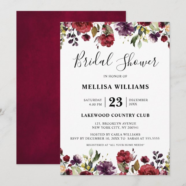 Romantic Watercolor Burgundy Red Blush Rose Floral Invitation (Front/Back)