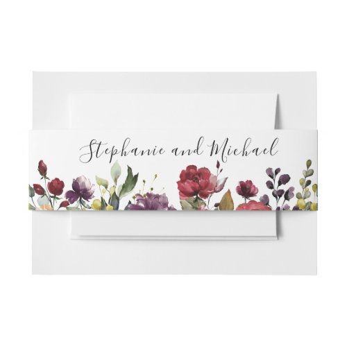 Romantic Watercolor Burgundy Red Blush Rose Floral Invitation Belly Band