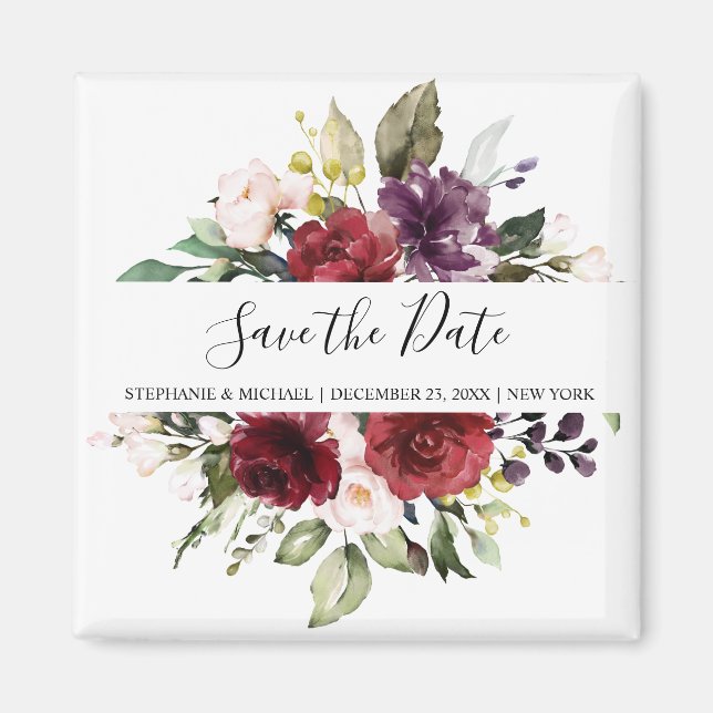 Romantic Watercolor Burgundy Red Blush Rose Floral Magnet (Front)