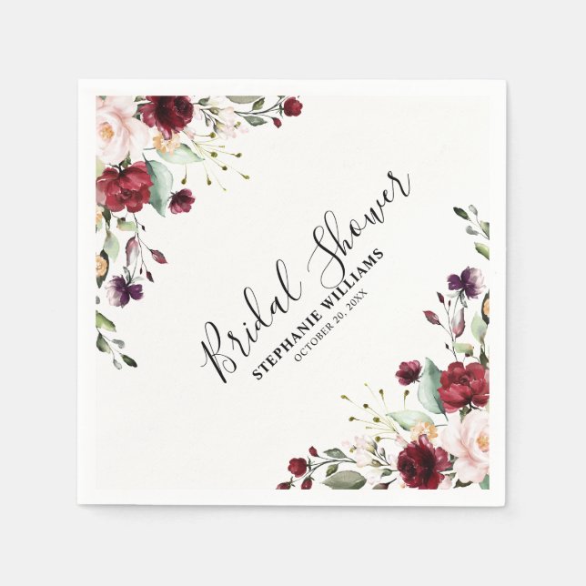 Romantic Watercolor Burgundy Red Blush Rose Floral Napkins (Front)