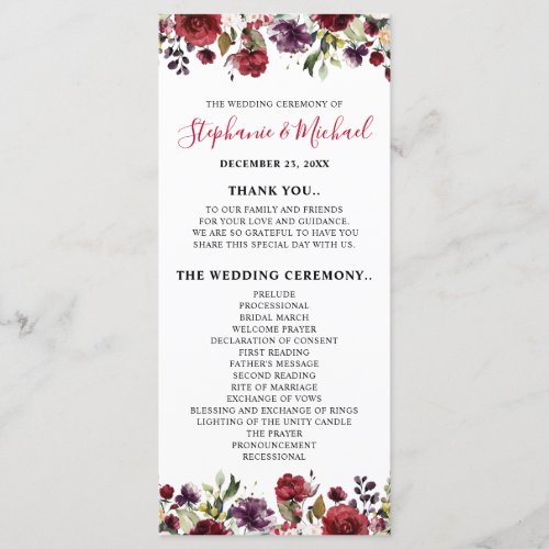 Romantic Watercolor Burgundy Red Blush Rose Floral Program