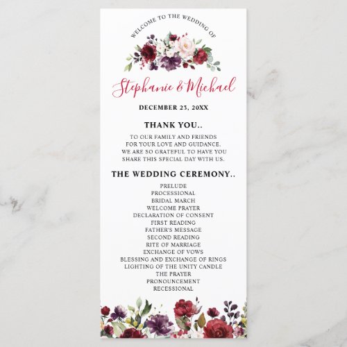 Romantic Watercolor Burgundy Red Blush Rose Floral Program