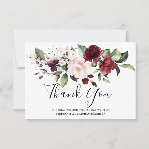 Romantic Watercolor Burgundy Red Blush Rose Floral Thank You Card