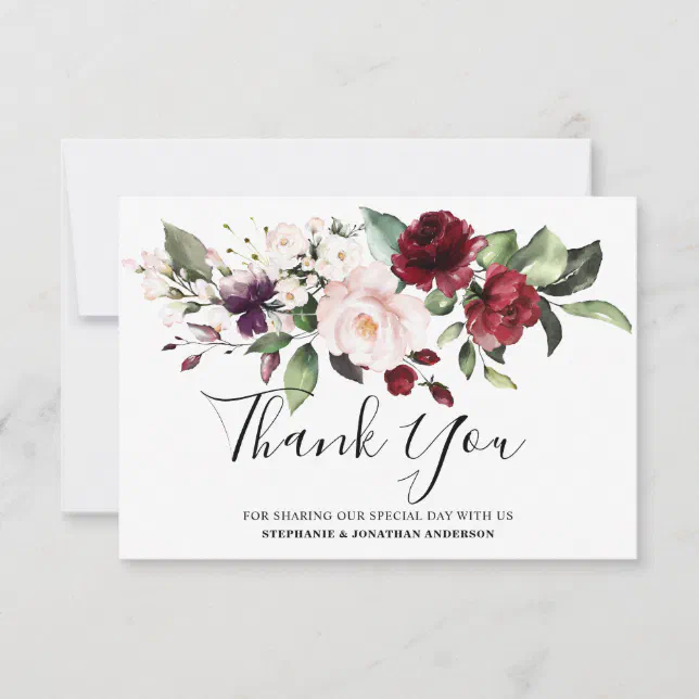Romantic Watercolor Burgundy Red Blush Rose Floral Thank You Card | Zazzle