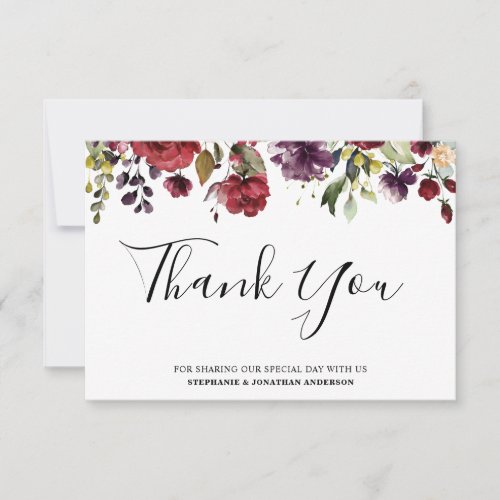 Romantic Watercolor Burgundy Red Blush Rose Floral Thank You Card