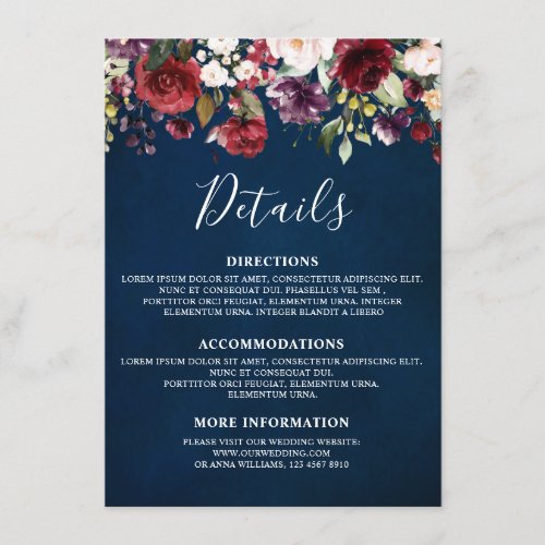 Romantic Watercolor Burgundy Red Navy Floral Enclosure Card