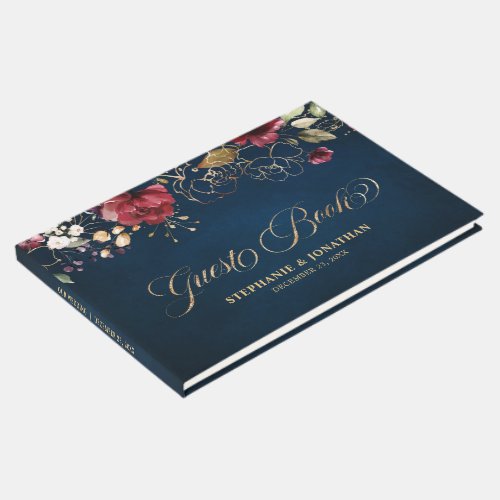 Romantic Watercolor Burgundy Red Navy Floral Guest Book