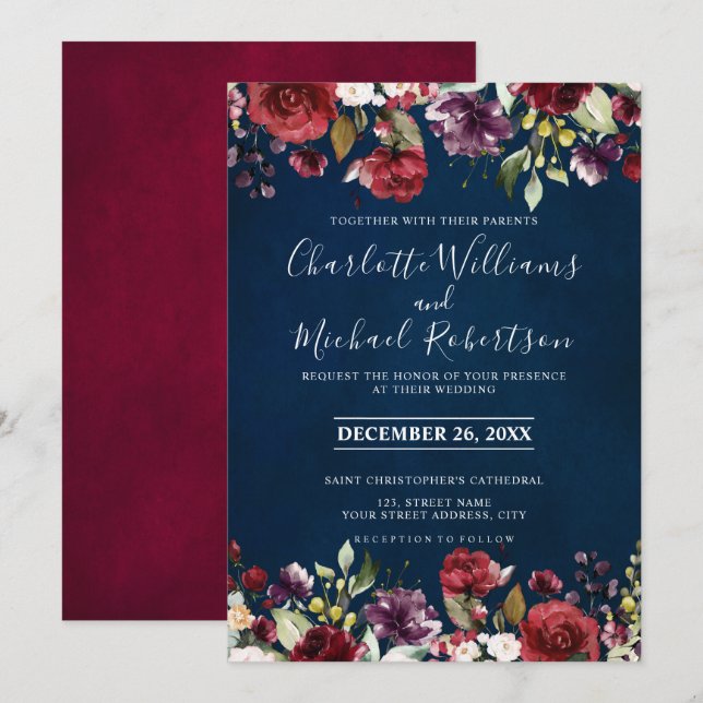 Romantic Watercolor Burgundy Red Navy Floral Invitation (Front/Back)