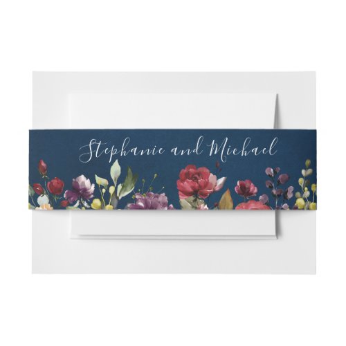 Romantic Watercolor Burgundy Red Navy Floral Invitation Belly Band