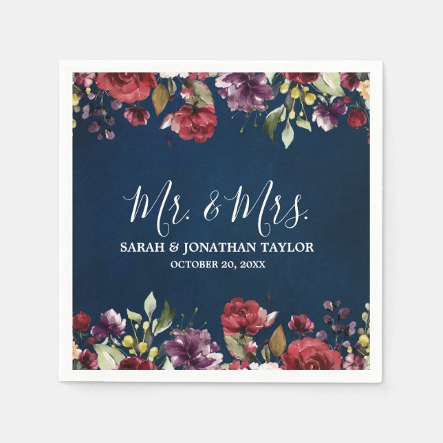 Romantic Watercolor Burgundy Red Navy Floral Napkins (Front)