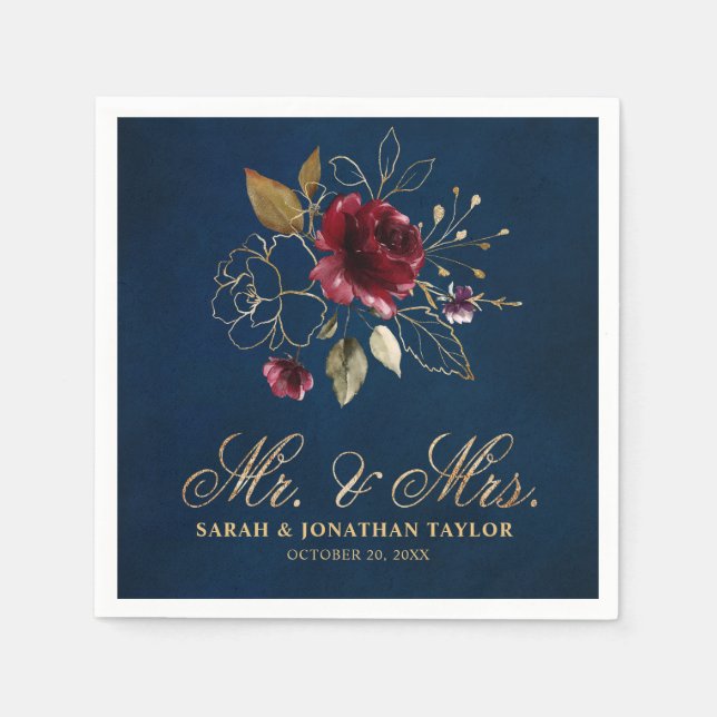 Romantic Watercolor Burgundy Red Navy Floral Napkins (Front)